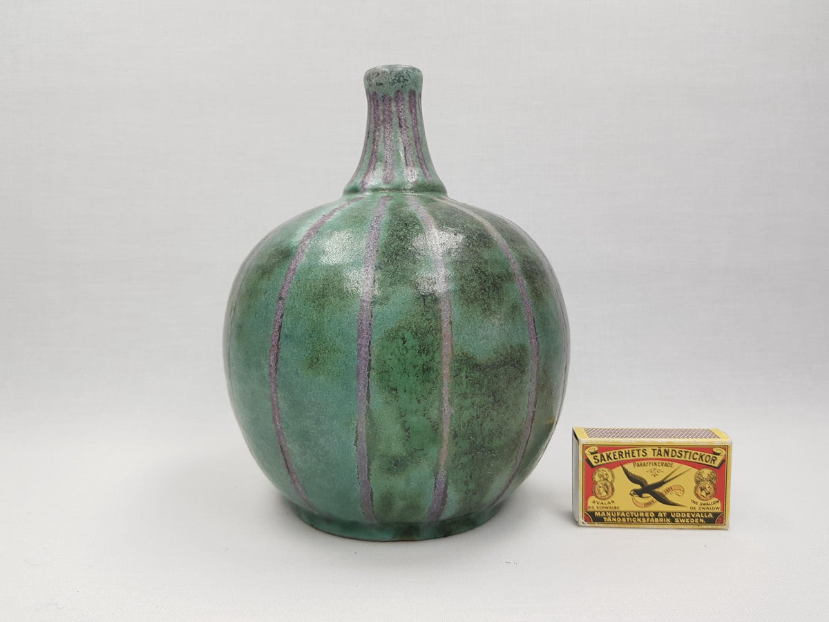 Vintage MONIKA MAETZEL Blueish Green Vase with Purple Stripes German Studio Pottery 1960s Germany