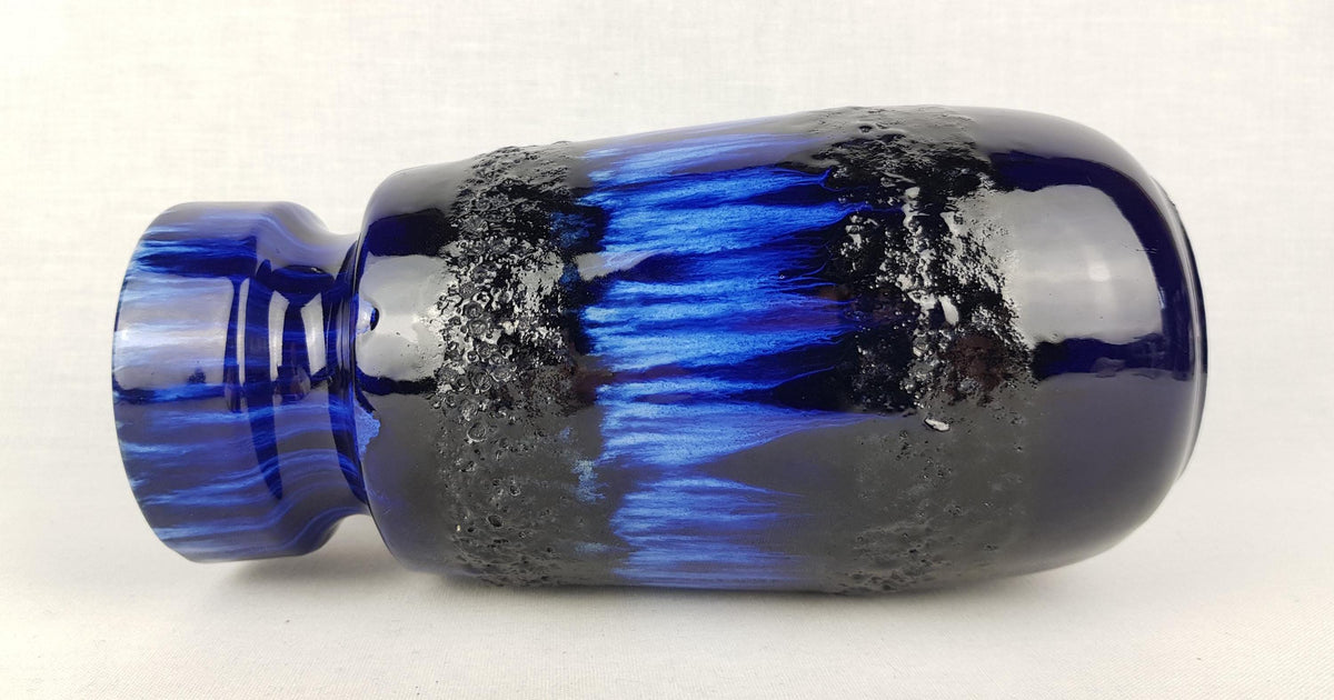 Vintage SCHEURICH KERAMIK Blue Vase With Black Fat Lava Decor 242-22 West German Pottery 1970s