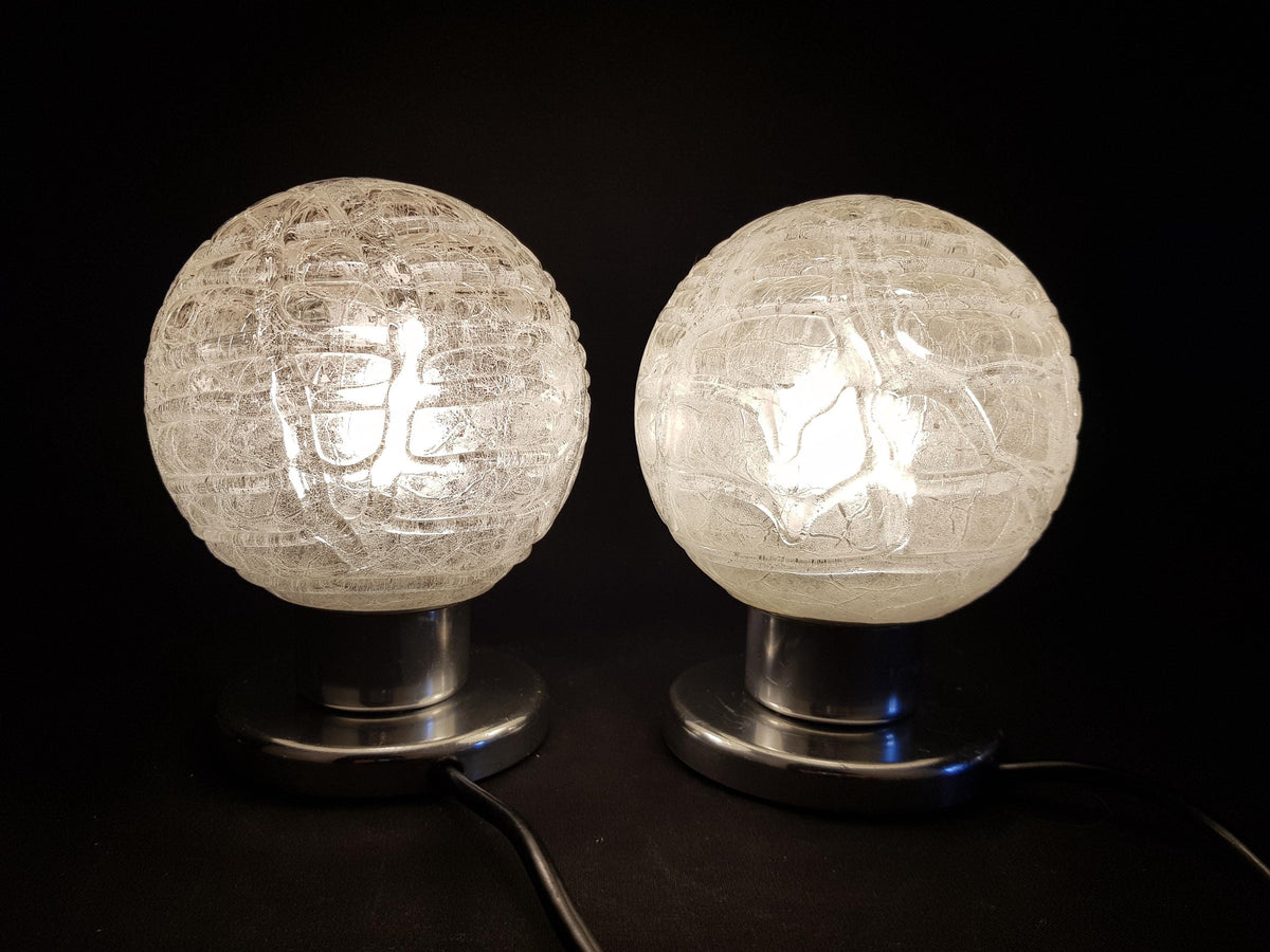 Pair of vintage DORIA LEUCHTEN, Footed Table or Bedside Lamps with Crackled Glass Bulb Shades West-Germany 1970s