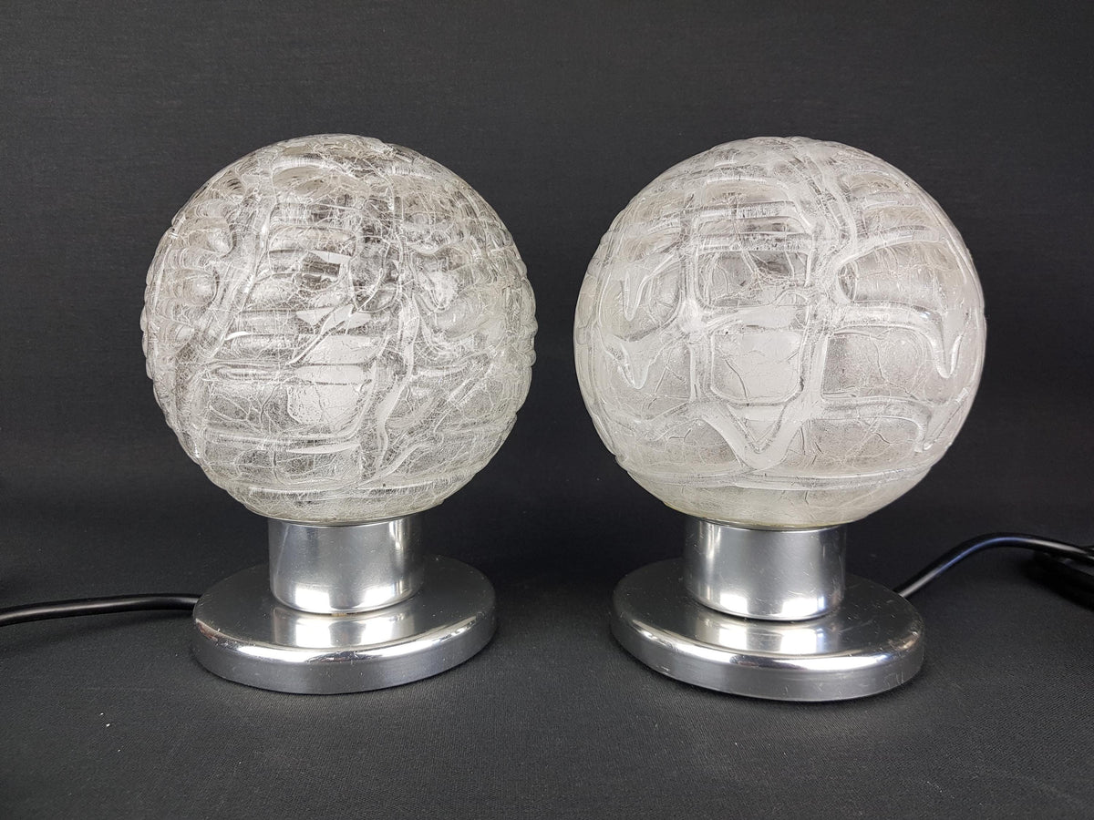 Pair of vintage DORIA LEUCHTEN, Footed Table or Bedside Lamps with Crackled Glass Bulb Shades West-Germany 1970s