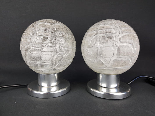 Pair of vintage DORIA LEUCHTEN, Footed Table or Bedside Lamps with Crackled Glass Bulb Shades West-Germany 1970s