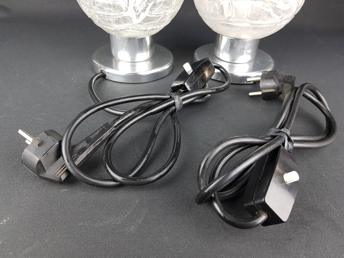 Pair of vintage DORIA LEUCHTEN, Footed Table or Bedside Lamps with Crackled Glass Bulb Shades West-Germany 1970s