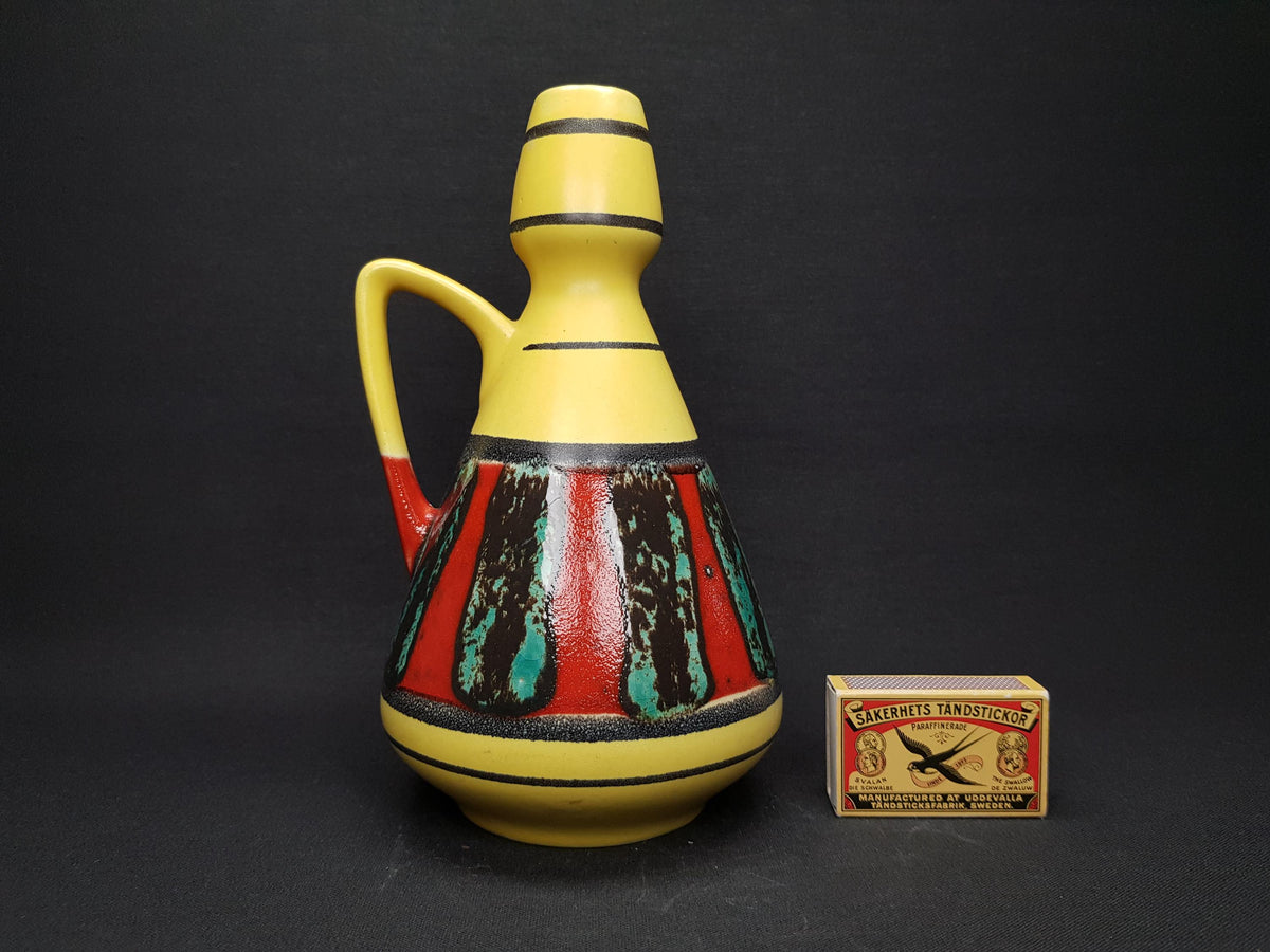 Vintage BAY KERAMIK Yellow Jug Vase With Red and Green Decor "Ceylon" 1110-20 West German Pottery 1950s