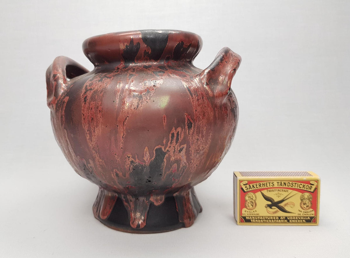 Vintage OTTO KERAMIK Burgundy Red Double Handled Vase with Dripped Ätna Decor West German Pottery Fat Lava Era 1970-80s