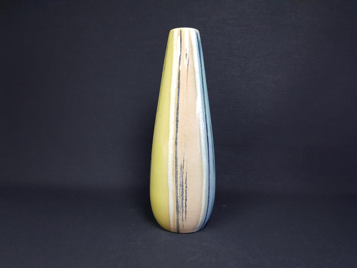 Vintage UBELACKER (Ü-Keramik) Yellow Vase With Green, Salmon and Black Striped Decor 457-25 West German Pottery 1961