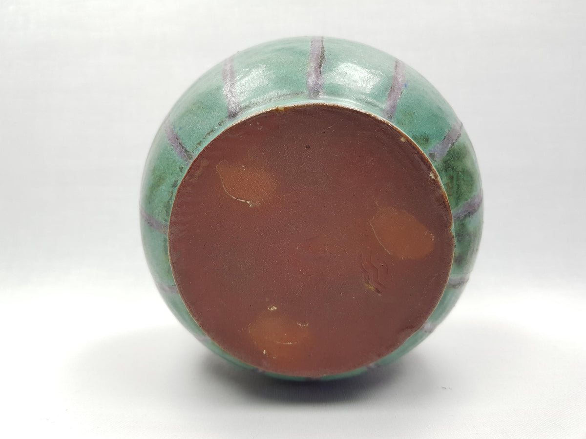 Vintage MONIKA MAETZEL Blueish Green Vase with Purple Stripes German Studio Pottery 1960s Germany