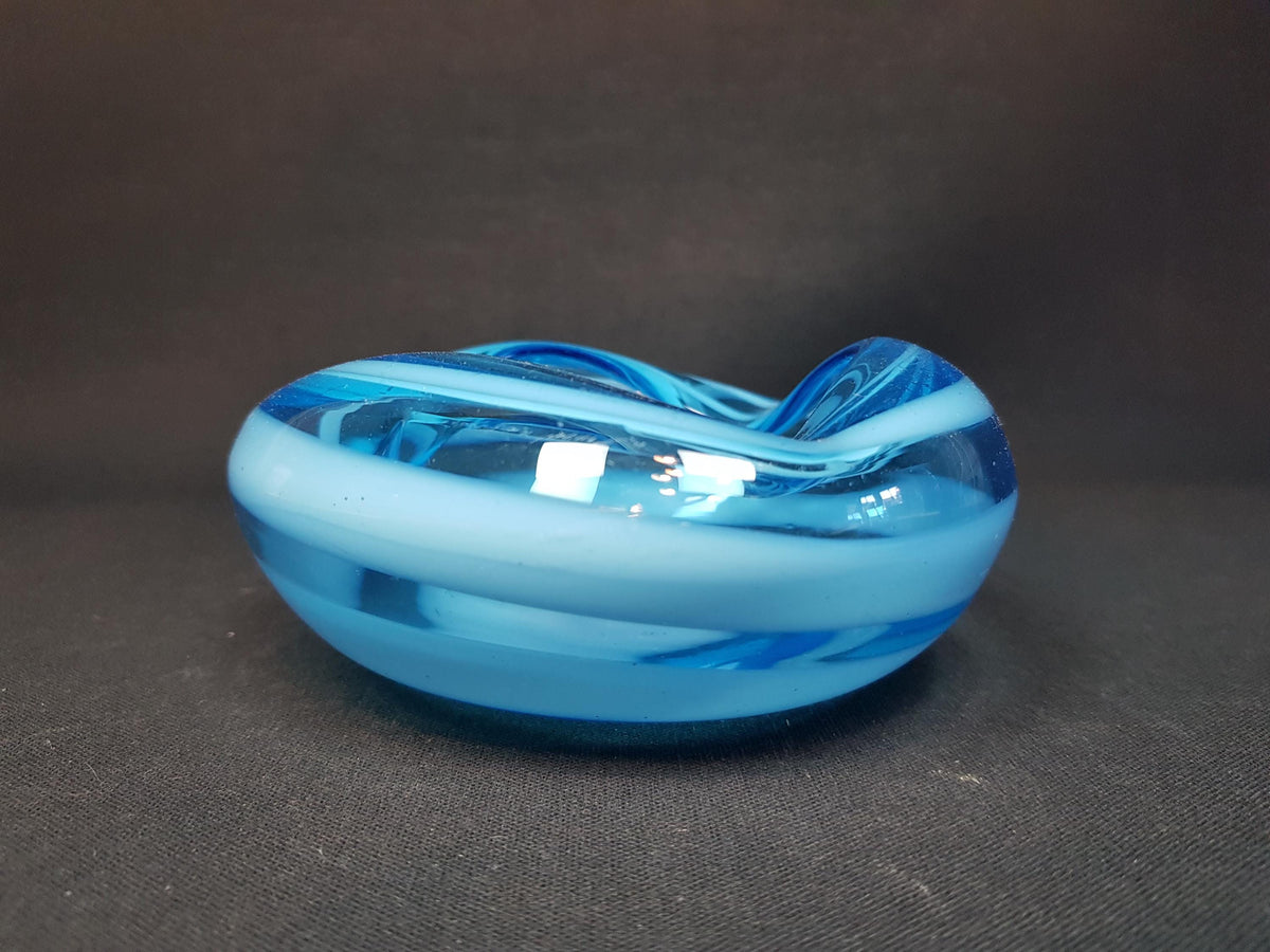 Vintage Japanese Glass Bowl in Tranquil Blue with White Stripes
