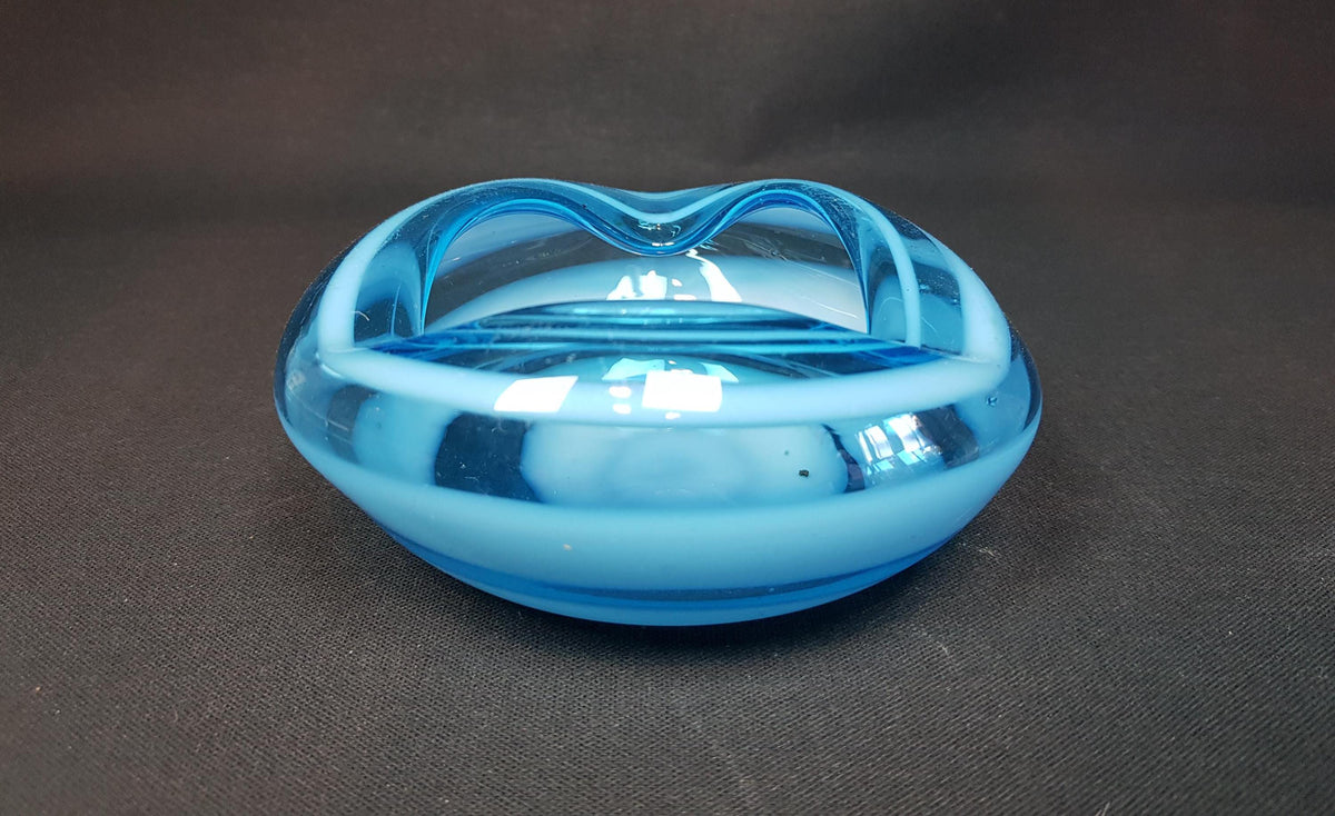 Vintage Japanese Glass Bowl in Tranquil Blue with White Stripes