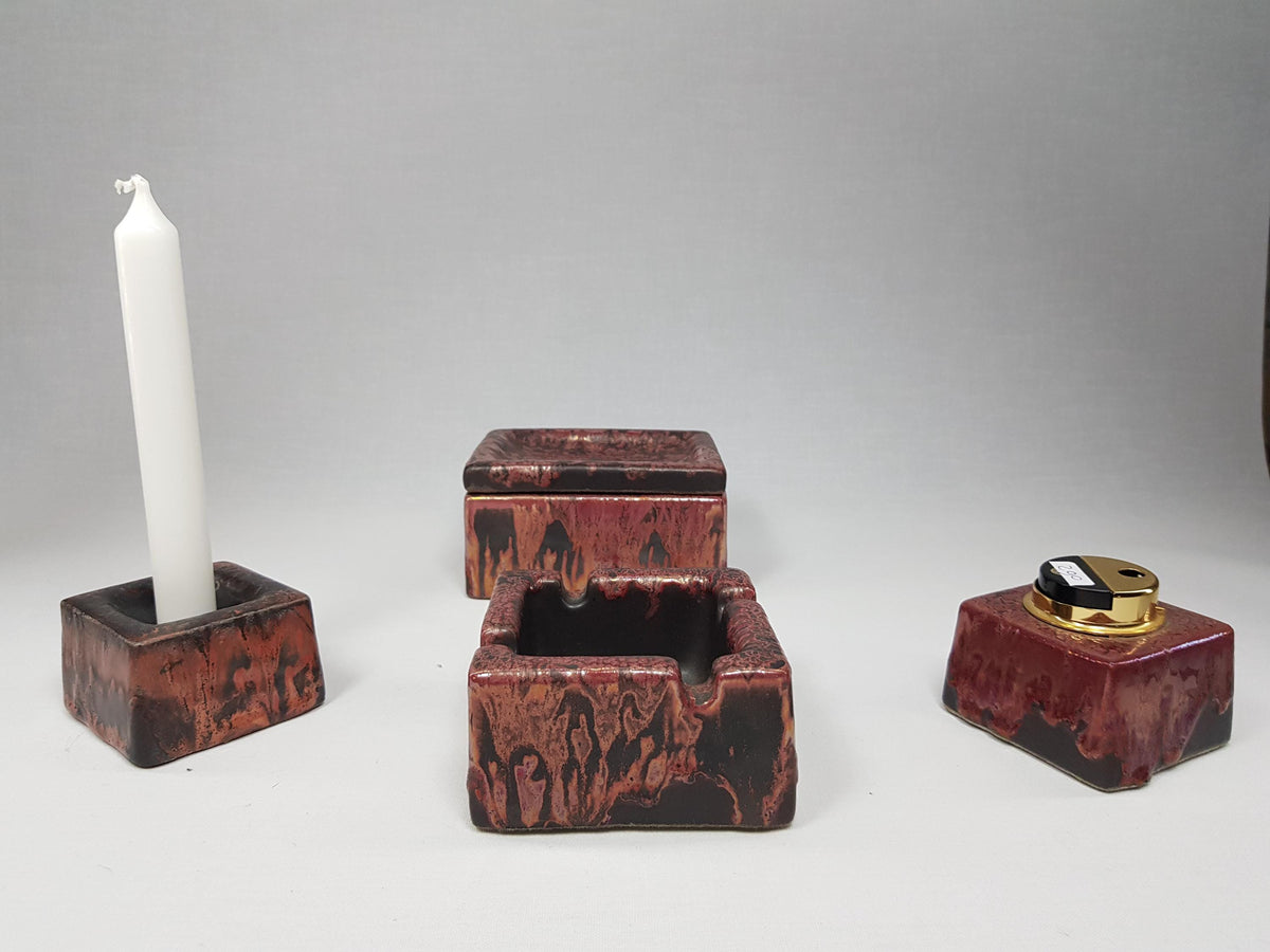Set of 4 Vintage OTTO KERAMIK Burgundy Red Cigarette Accesoires with Ätna Decor West German Pottery Fat Lava Era 1970-80s