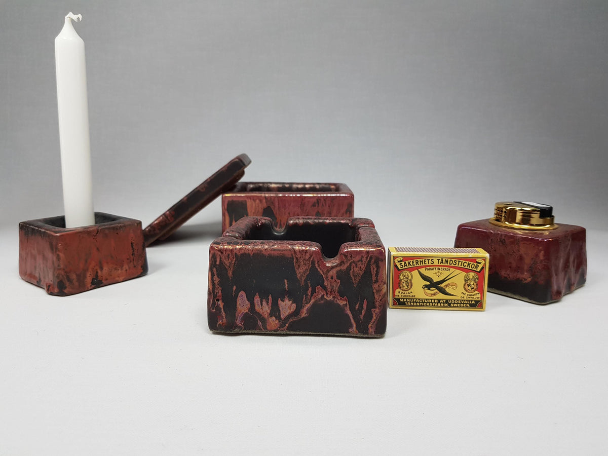 Set of 4 Vintage OTTO KERAMIK Burgundy Red Cigarette Accesoires with Ätna Decor West German Pottery Fat Lava Era 1970-80s