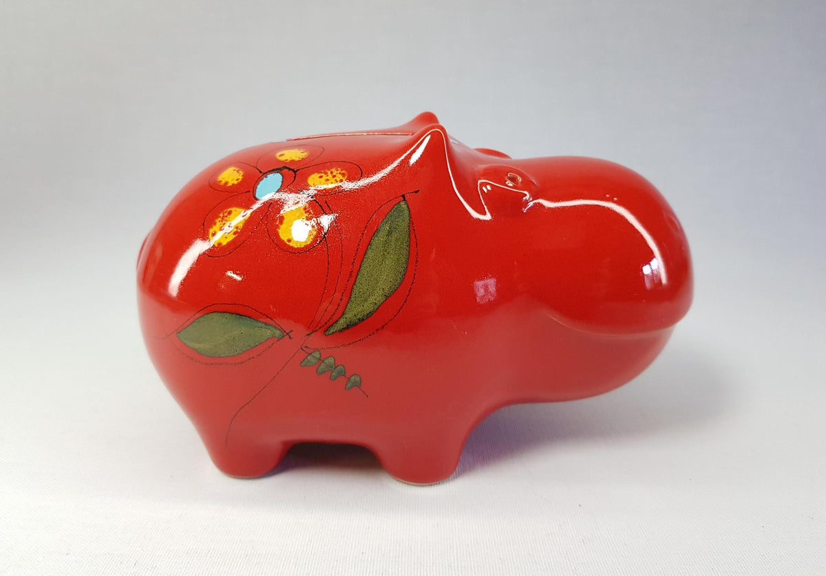 Vintage SICART (SICA) Red Hand Painted Money Box Hippo, Piggy Bank, Italian Pottery, Ceramiche Italia 1970s