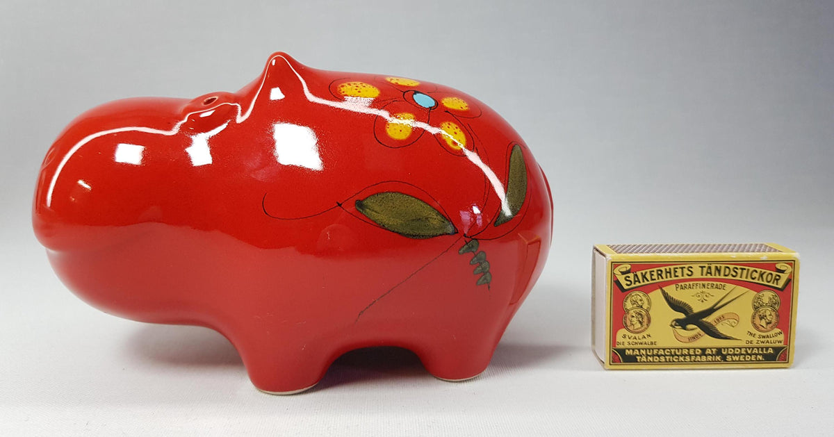 Vintage SICART (SICA) Red Hand Painted Money Box Hippo, Piggy Bank, Italian Pottery, Ceramiche Italia 1970s