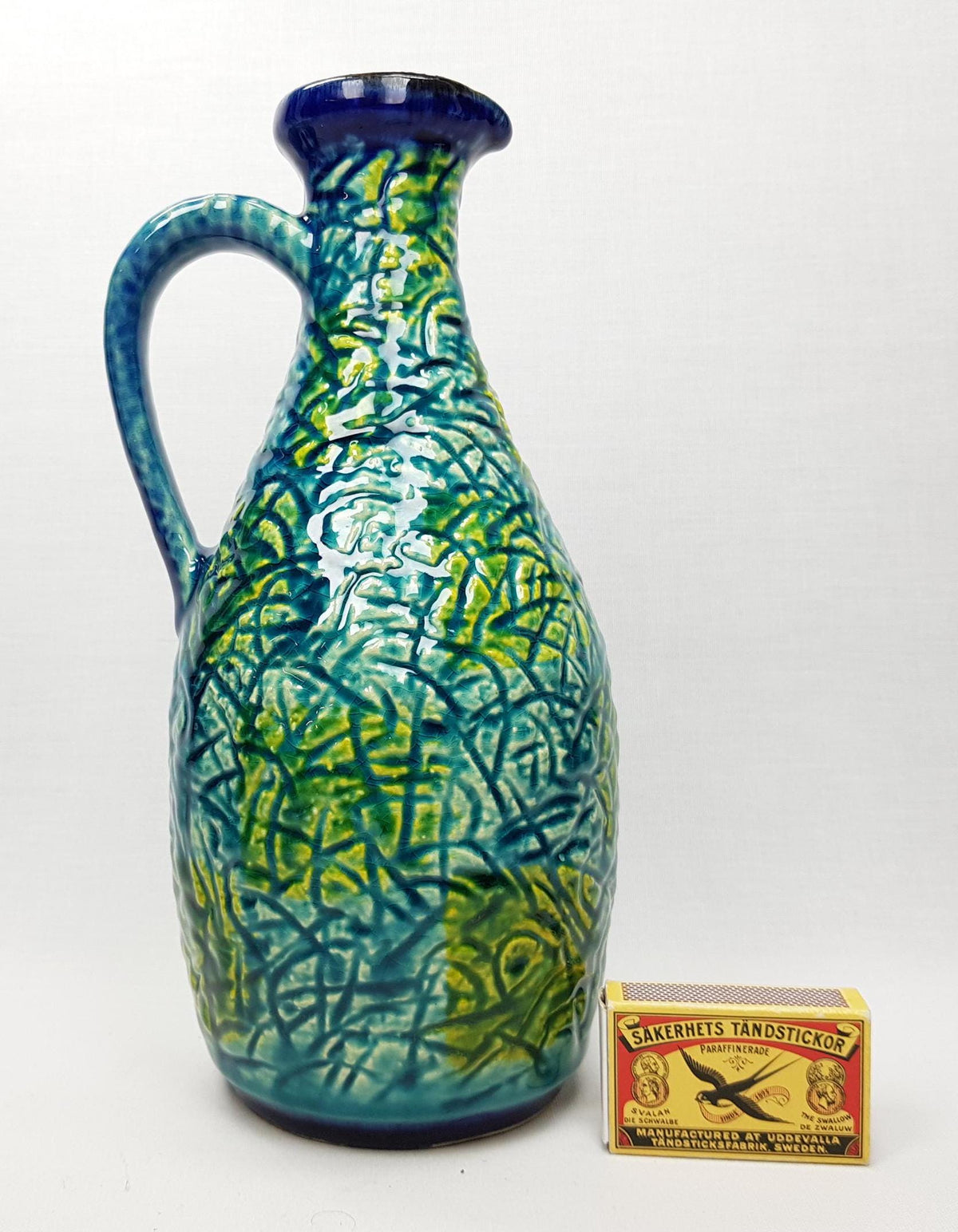 Vintage BAY KERAMIK Blue and Green Pitcher Vase 77-25 West German Pottery 1960s 1970s