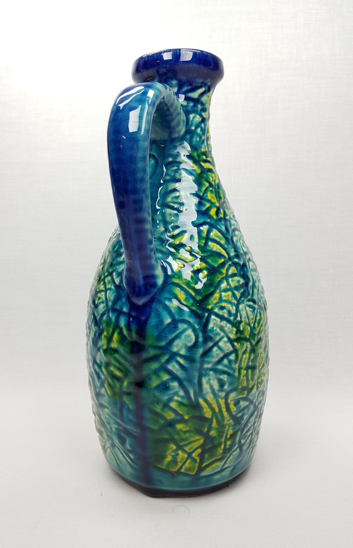 Vintage BAY KERAMIK Blue and Green Pitcher Vase 77-25 West German Pottery 1960s 1970s