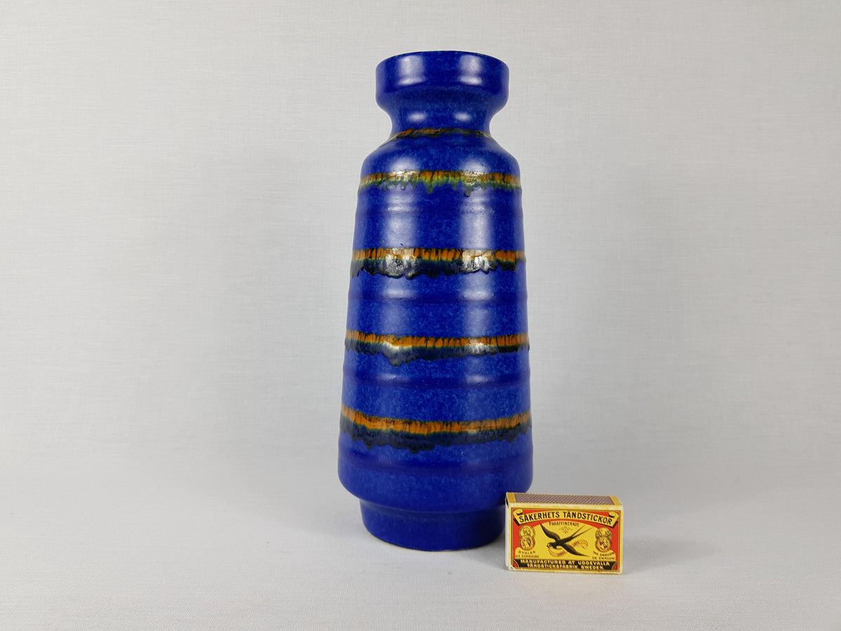 Vintage VEB HALDENSLEBEN Blue Vase With Ocher, Brown Stripes 3040 East German Pottery 1960s 1970s
