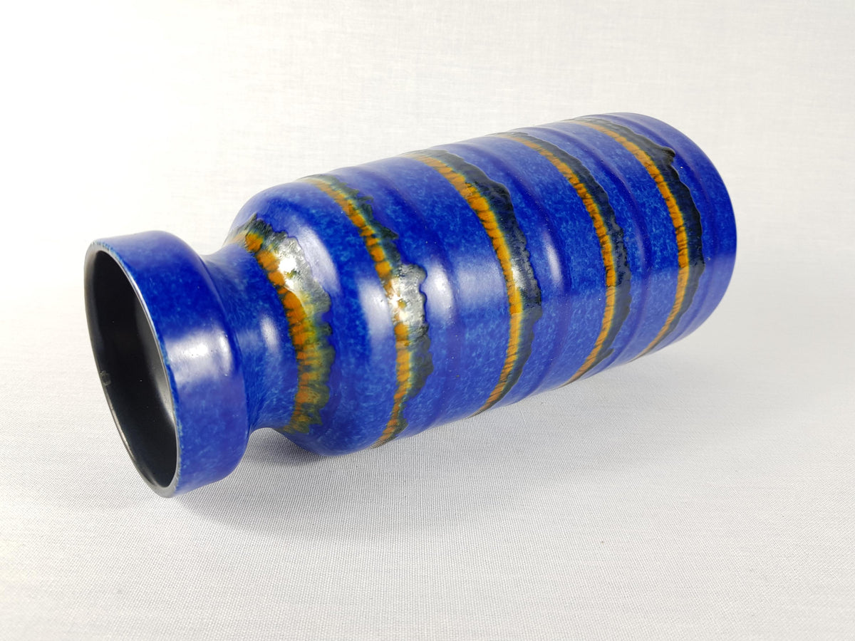 Vintage VEB HALDENSLEBEN Blue Vase With Ocher, Brown Stripes 3040 East German Pottery 1960s 1970s