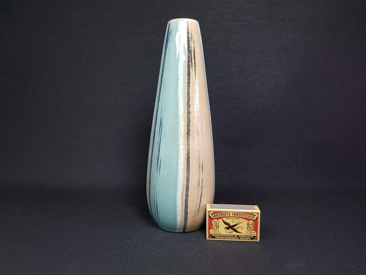 Vintage UBELACKER (Ü-Keramik) Yellow Vase With Green, Salmon and Black Striped Decor 457-25 West German Pottery 1961