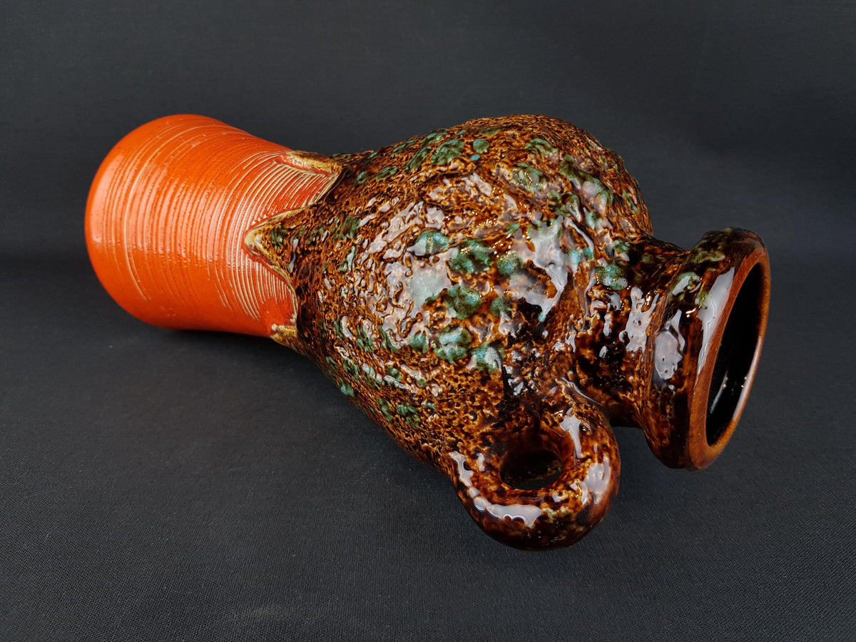 Vintage DÜMLER & BREIDEN Keramik Orange Jug Vase wit Brown and Green Fat Lava Vase 647-30 West German Pottery 1970s