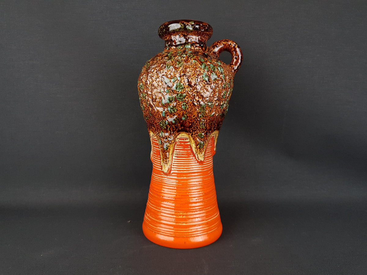 Vintage DÜMLER & BREIDEN Keramik Orange Jug Vase wit Brown and Green Fat Lava Vase 647-30 West German Pottery 1970s