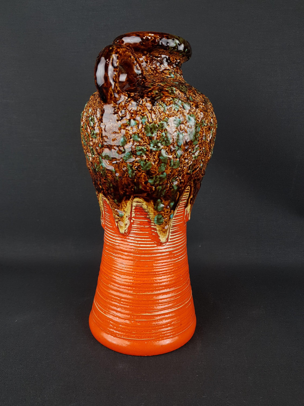 Vintage DÜMLER & BREIDEN Keramik Orange Jug Vase wit Brown and Green Fat Lava Vase 647-30 West German Pottery 1970s