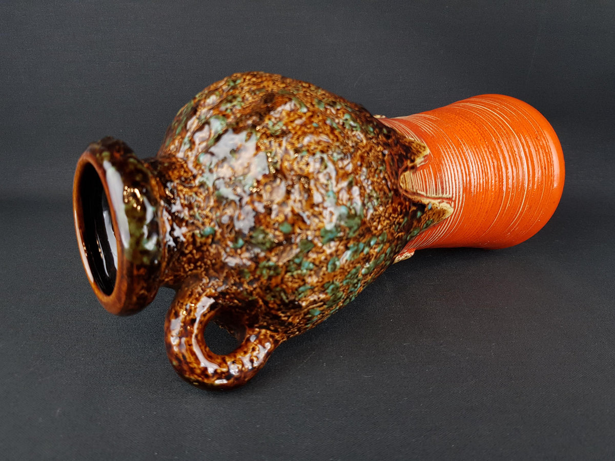 Vintage DÜMLER & BREIDEN Keramik Orange Jug Vase wit Brown and Green Fat Lava Vase 647-30 West German Pottery 1970s