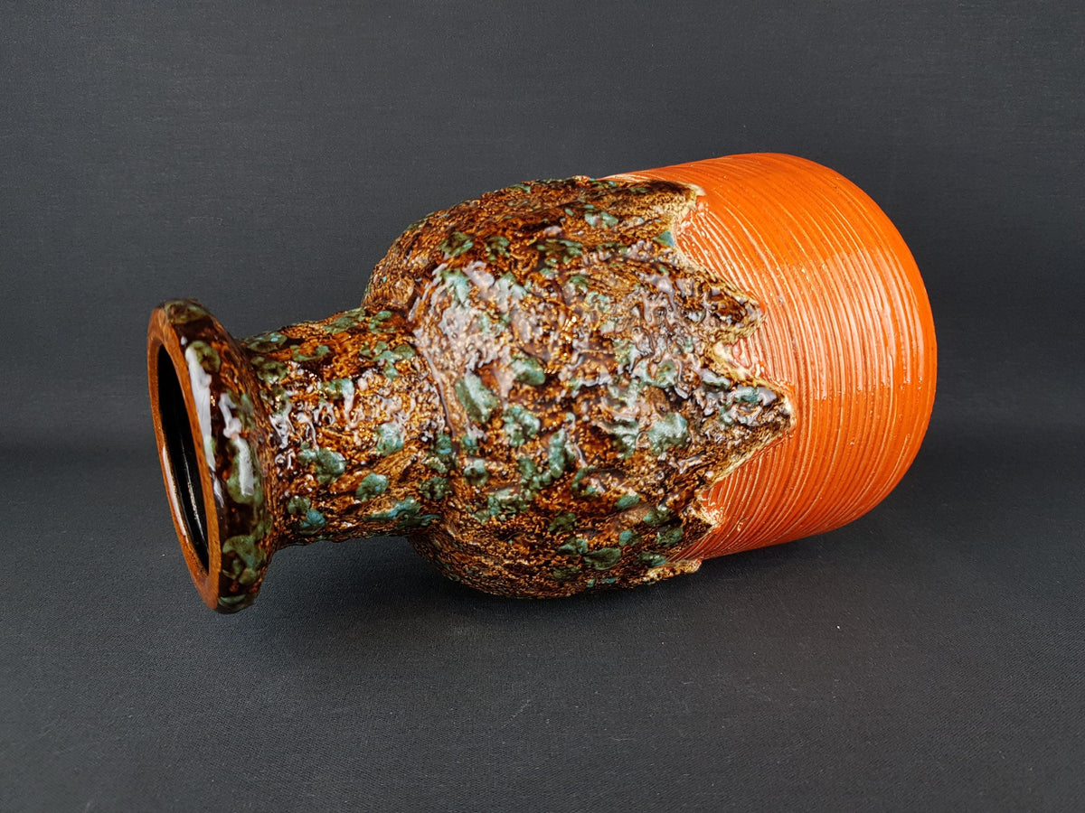Vintage DÜMLER & BREIDEN Orange Vase With Brown and Green Fat Lava Decor 646/25 West German Pottery 1970s