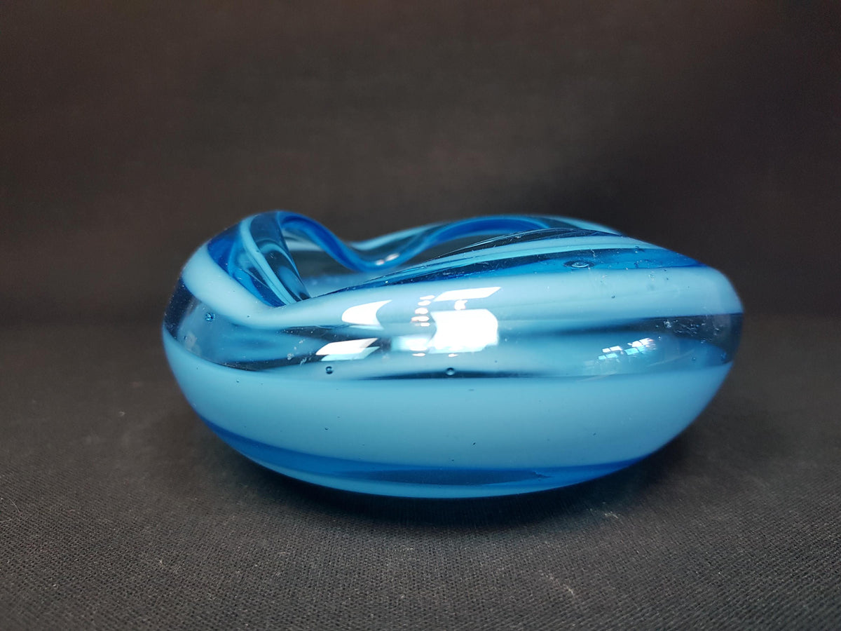 Vintage Japanese Glass Bowl in Tranquil Blue with White Stripes
