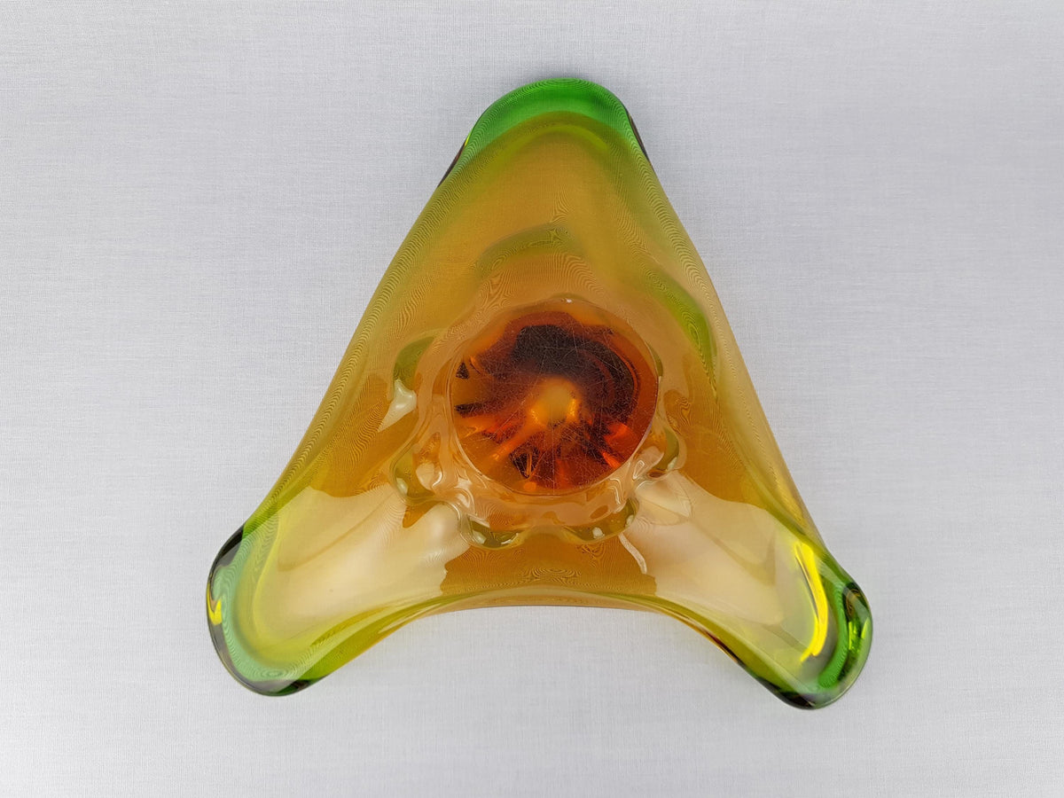 Vintage MSTISOV GLASSWORKS Amber and Emerald Glass Bowl of Niagara Collection by Frantisek Zemek Czechoslovakia 1960s