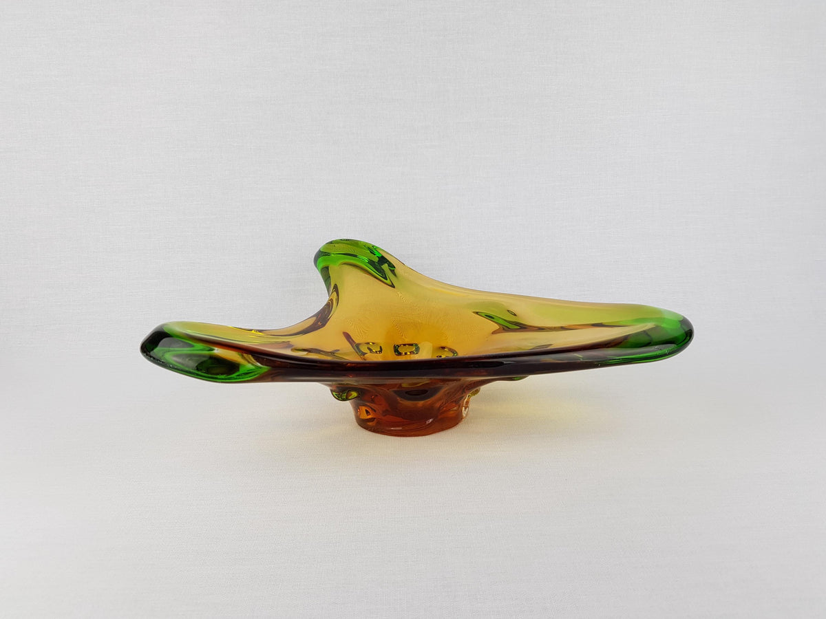 Vintage MSTISOV GLASSWORKS Amber and Emerald Glass Bowl of Niagara Collection by Frantisek Zemek Czechoslovakia 1960s