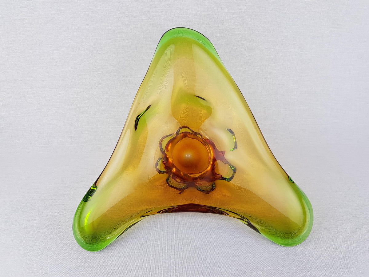 Vintage MSTISOV GLASSWORKS Amber and Emerald Glass Bowl of Niagara Collection by Frantisek Zemek Czechoslovakia 1960s