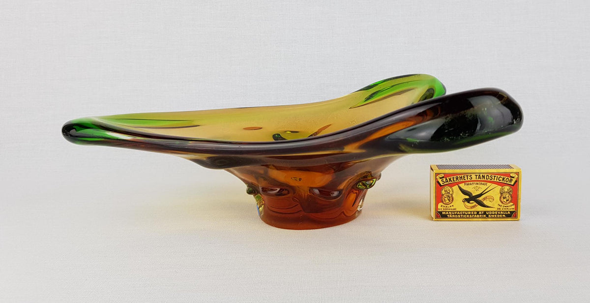 Vintage MSTISOV GLASSWORKS Amber and Emerald Glass Bowl of Niagara Collection by Frantisek Zemek Czechoslovakia 1960s