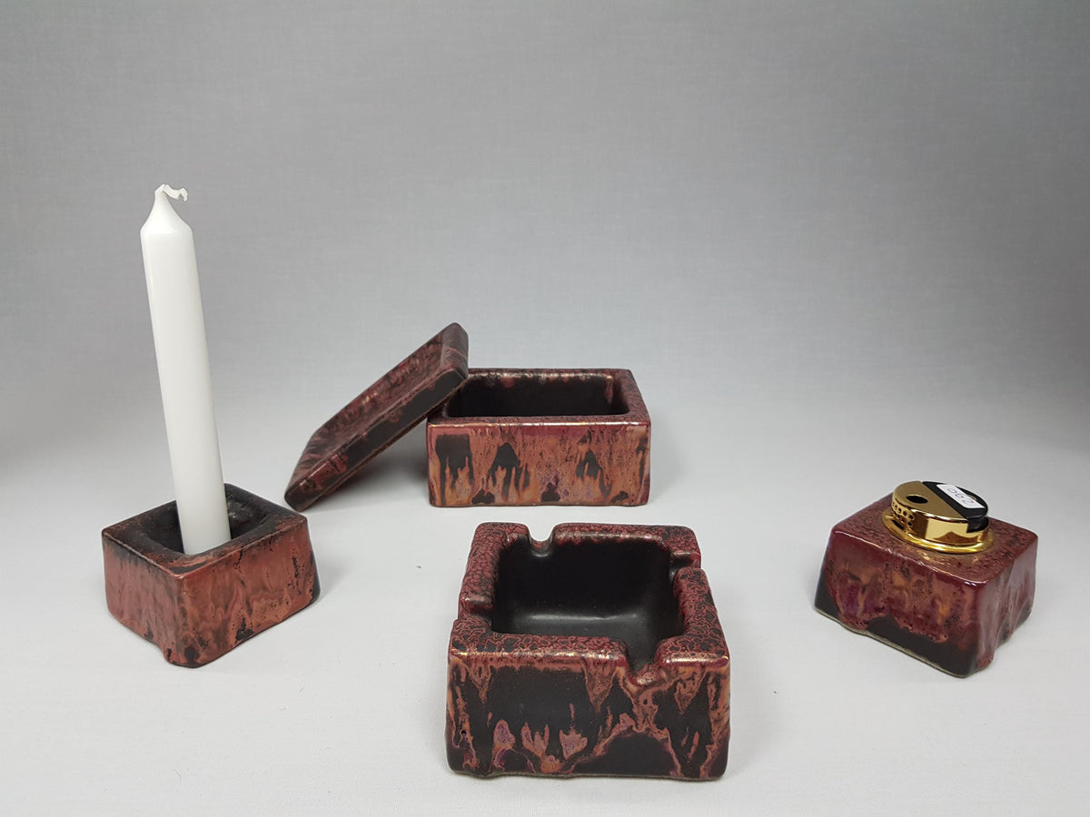 Set of 4 Vintage OTTO KERAMIK Burgundy Red Cigarette Accesoires with Ätna Decor West German Pottery Fat Lava Era 1970-80s