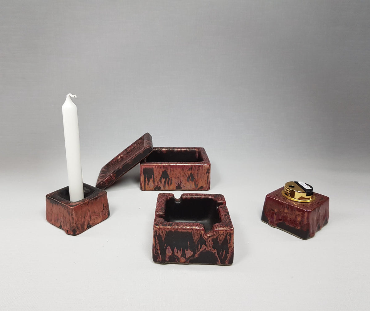 Set of 4 Vintage OTTO KERAMIK Burgundy Red Cigarette Accesoires with Ätna Decor West German Pottery Fat Lava Era 1970-80s