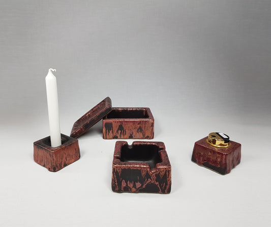 Set of 4 Vintage OTTO KERAMIK Burgundy Red Cigarette Accesoires with Ätna Decor West German Pottery Fat Lava Era 1970-80s