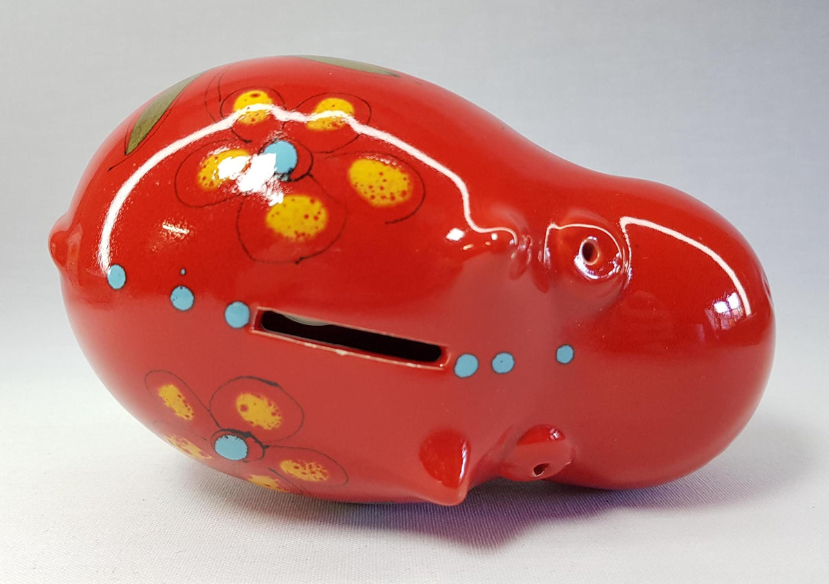 Vintage SICART (SICA) Red Hand Painted Money Box Hippo, Piggy Bank, Italian Pottery, Ceramiche Italia 1970s