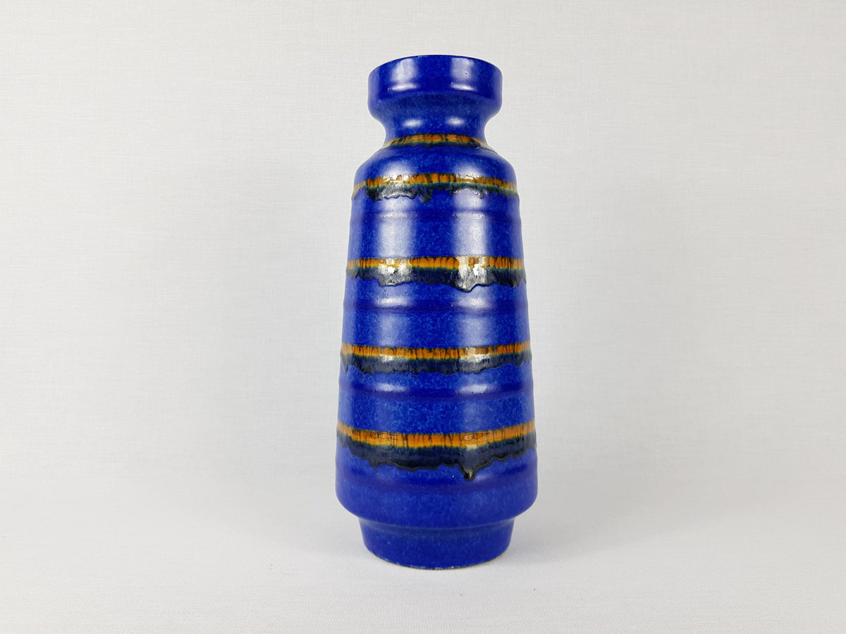 Vintage VEB HALDENSLEBEN Blue Vase With Ocher, Brown Stripes 3040 East German Pottery 1960s 1970s