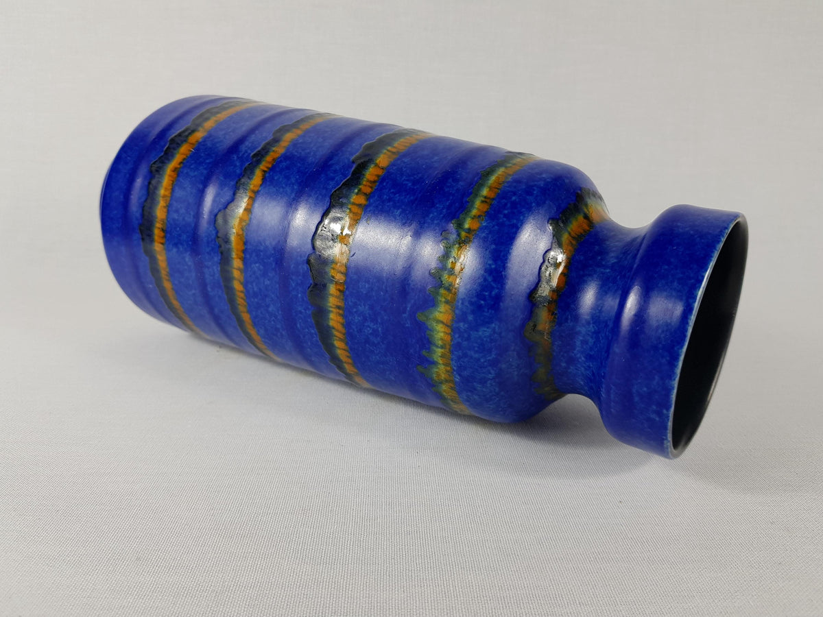 Vintage VEB HALDENSLEBEN Blue Vase With Ocher, Brown Stripes 3040 East German Pottery 1960s 1970s