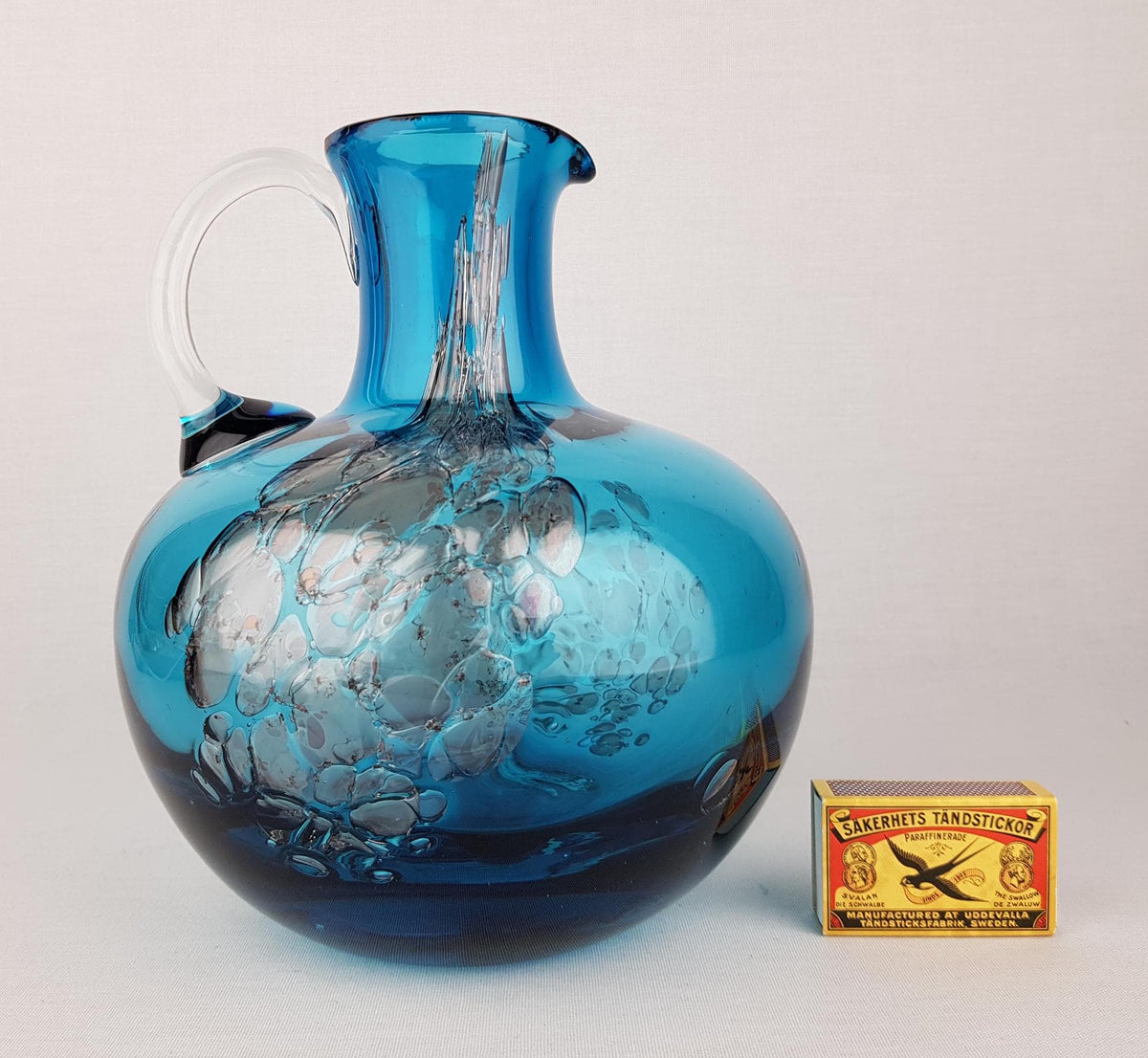 Vintage SCHOTT ZWIESEL Blue GLASS Design Handled Pitcher Vase With Florida decor by Heinrich Loffelhardt 1960-70s