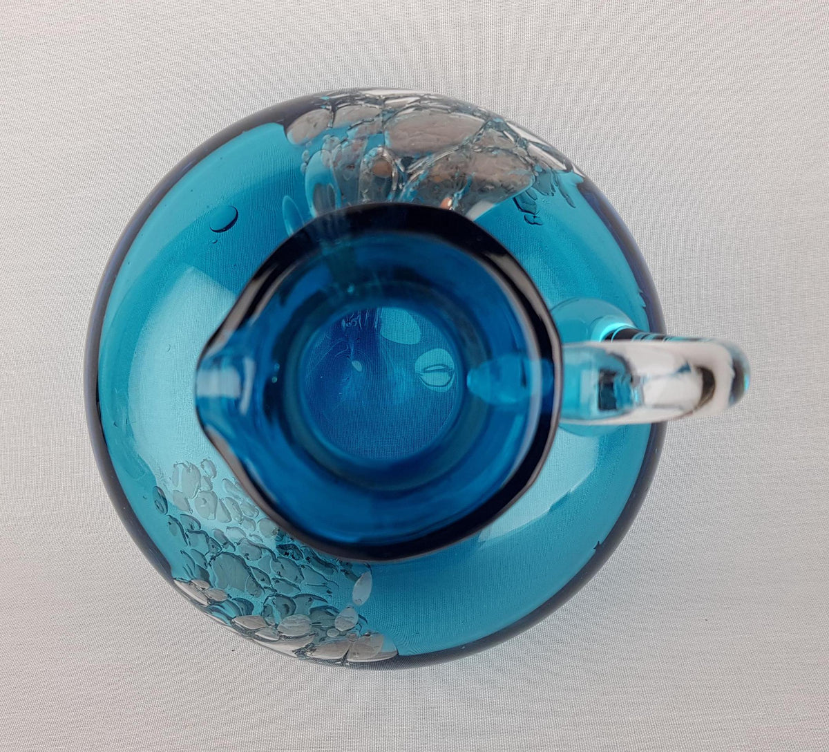 Vintage SCHOTT ZWIESEL Blue GLASS Design Handled Pitcher Vase With Florida decor by Heinrich Loffelhardt 1960-70s