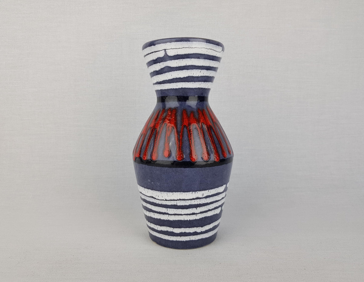 Vintage SCHEURICH KERAMIK Blue Vase With Red ZigZag and White Lines Decor 523 18 West German Pottery 1970s