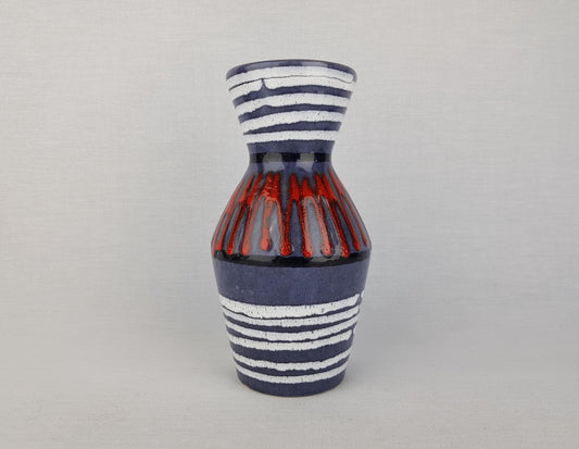 Vintage SCHEURICH KERAMIK Blue Vase With Red ZigZag and White Lines Decor 523 18 West German Pottery 1970s