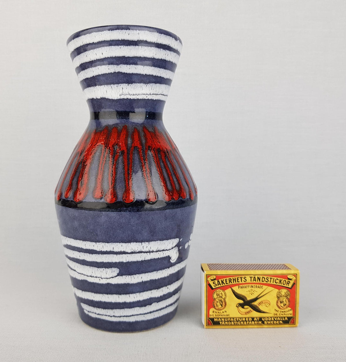 Vintage SCHEURICH KERAMIK Blue Vase With Red ZigZag and White Lines Decor 523 18 West German Pottery 1970s