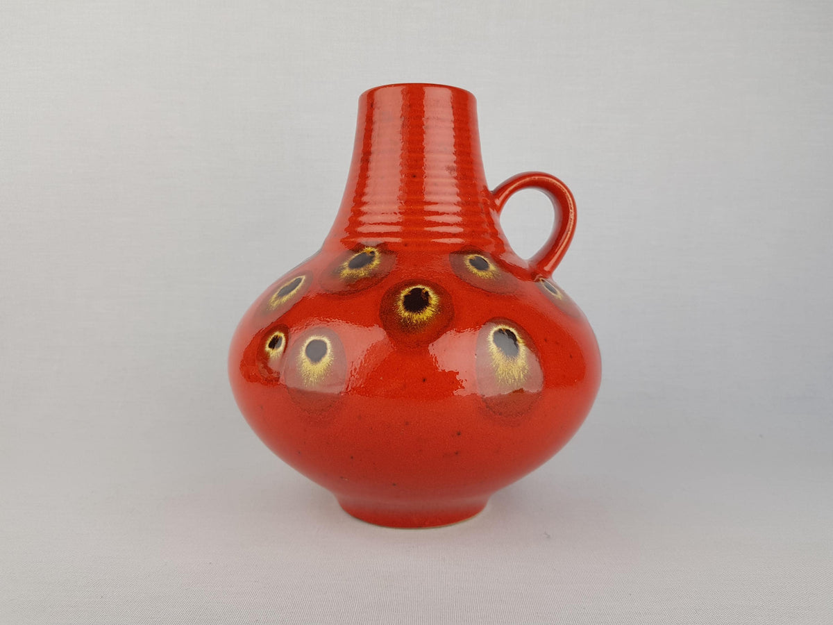 Vintage FOHR KERAMIK Red Glazed Handled Vase With Peacock Decor 411 20 West German Pottery 1970s