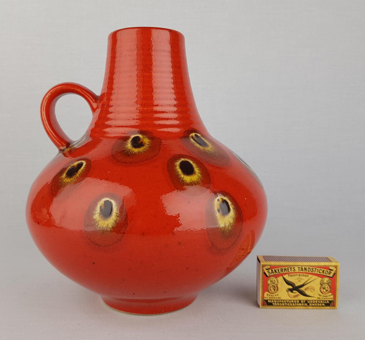 Vintage FOHR KERAMIK Red Glazed Handled Vase With Peacock Decor 411 20 West German Pottery 1970s