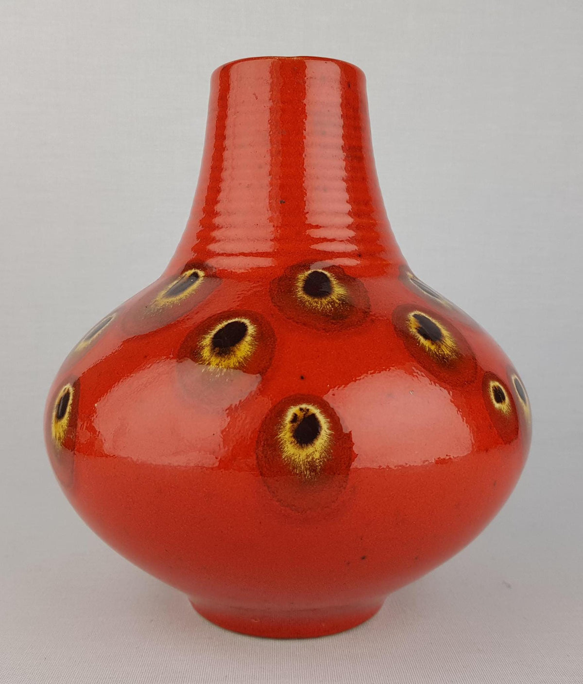 Vintage FOHR KERAMIK Red Glazed Handled Vase With Peacock Decor 411 20 West German Pottery 1970s