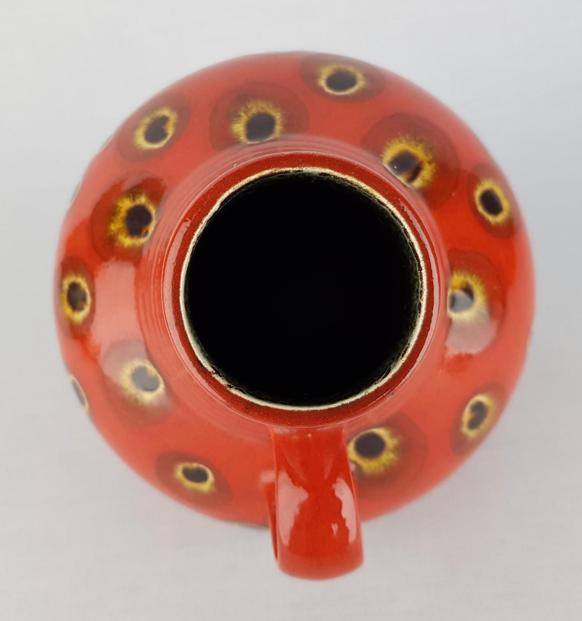 Vintage FOHR KERAMIK Red Glazed Handled Vase With Peacock Decor 411 20 West German Pottery 1970s