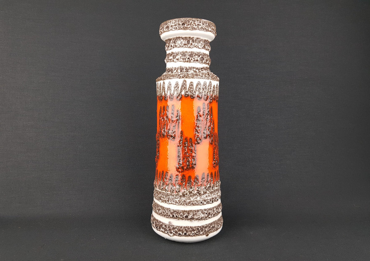 Vintage SCHEURICH KERAMIK Orange and Brown Fat lava Vase With Zig Zag Decor 205-32 West Geman Pottery 1970s