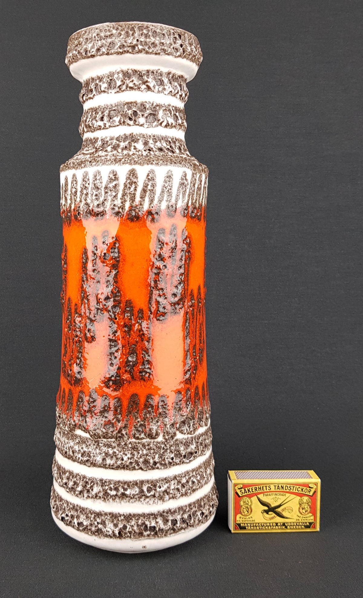Vintage SCHEURICH KERAMIK Orange and Brown Fat lava Vase With Zig Zag Decor 205-32 West Geman Pottery 1970s