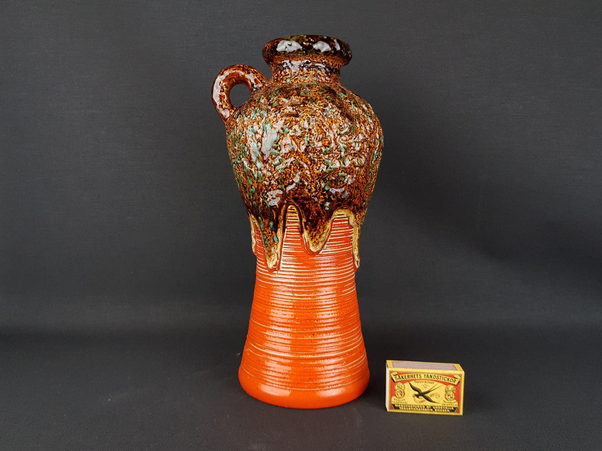 Vintage DÜMLER & BREIDEN Keramik Orange Jug Vase wit Brown and Green Fat Lava Vase 647-30 West German Pottery 1970s