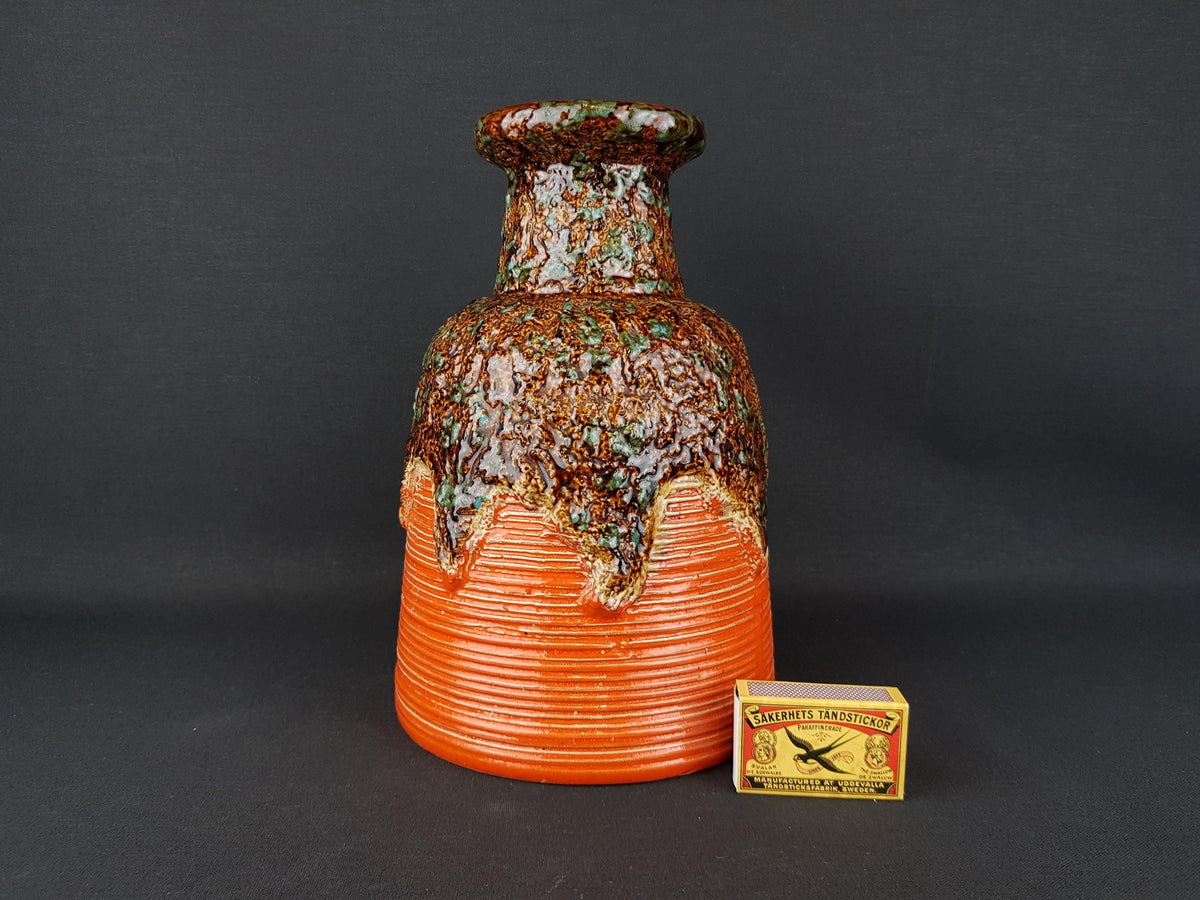 Vintage DÜMLER & BREIDEN Orange Vase With Brown and Green Fat Lava Decor 646/25 West German Pottery 1970s